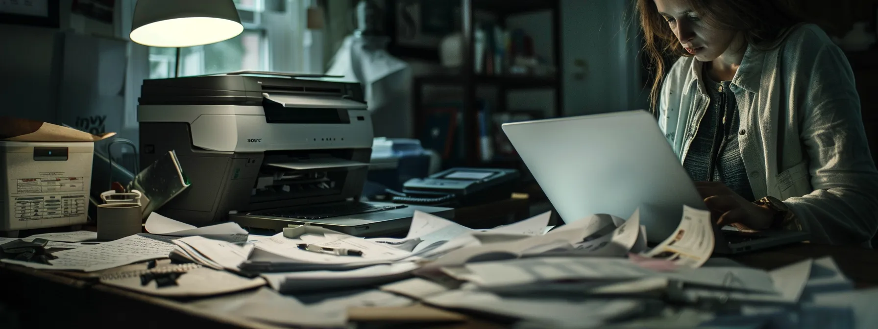 a person looking at an online manual on a laptop, surrounded by papers and notes, trying to troubleshoot an epson printer issue.