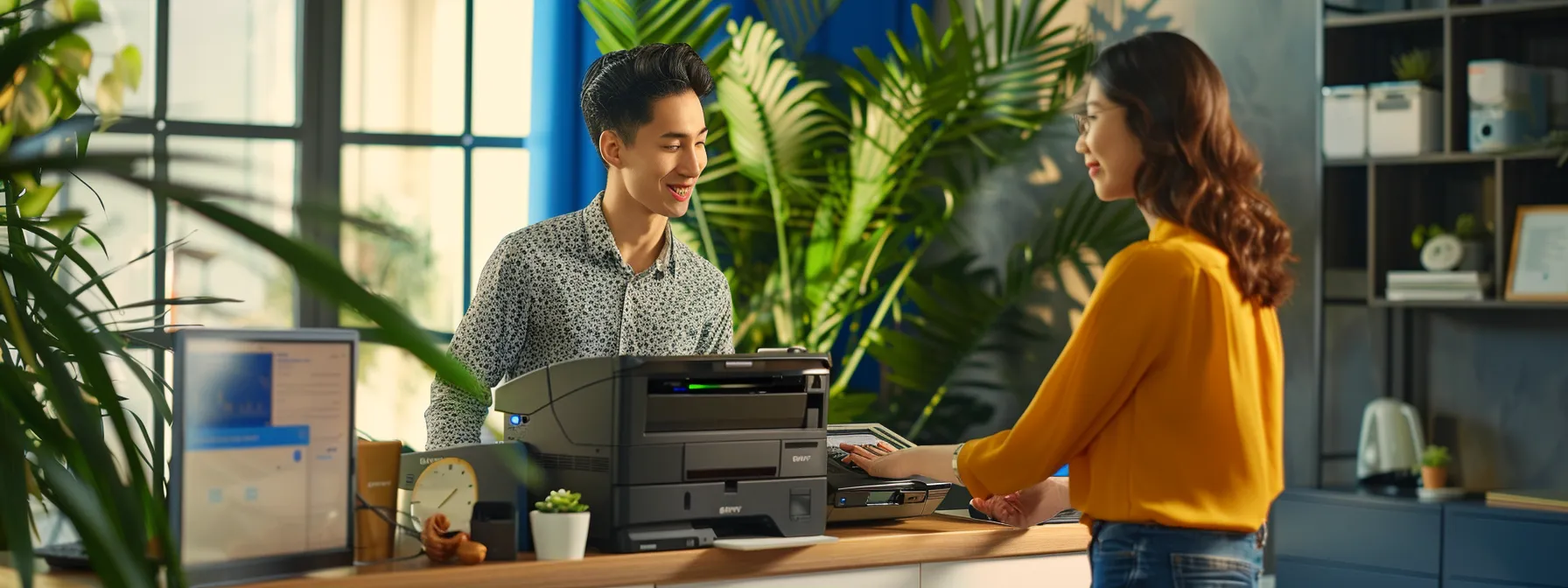 a customer receiving assistance for repairing their epson printer from a support team member.