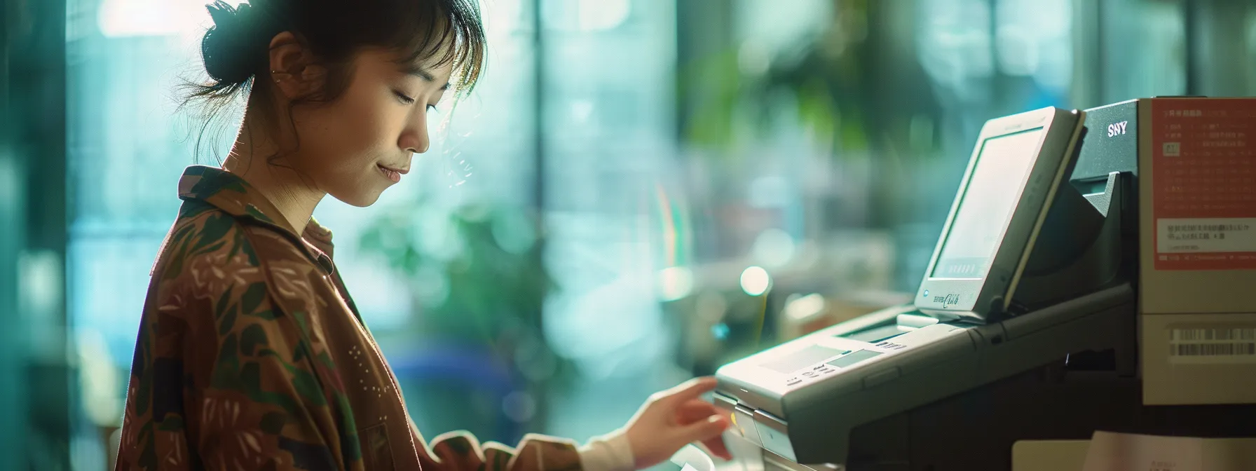 a person navigating the control panel of a brother printer with a focused expression.
