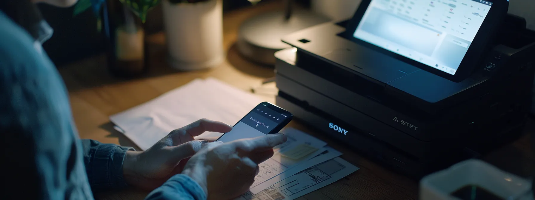 a person dialing a phone number on a smartphone while looking at a brother printer.