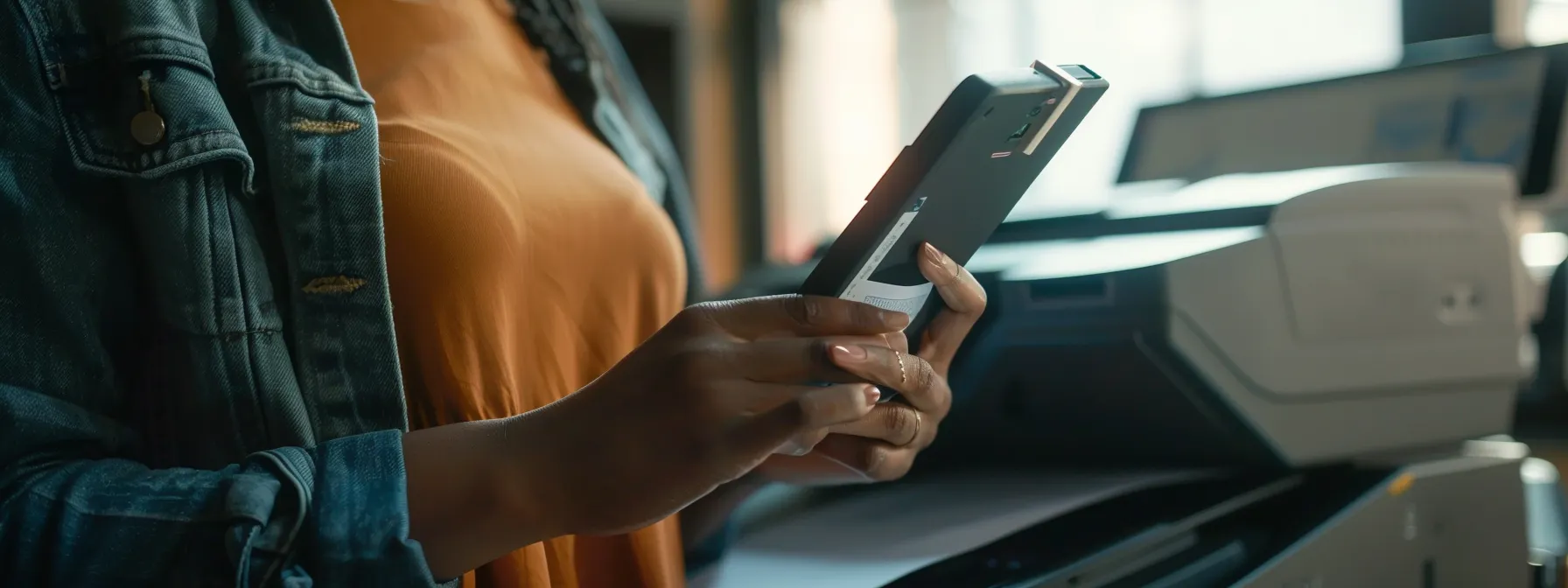 a person on the phone with technical support for an hp printer, holding a warranty paper and serial number.