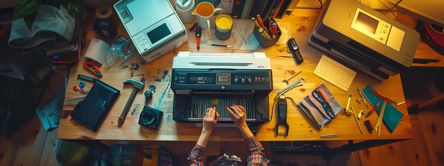 a person troubleshooting a hp printer with various tools and equipment scattered around them.