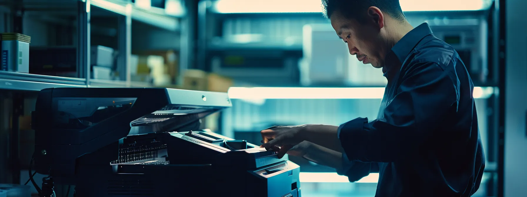 a technician carefully examining a hp printer for connectivity issues.