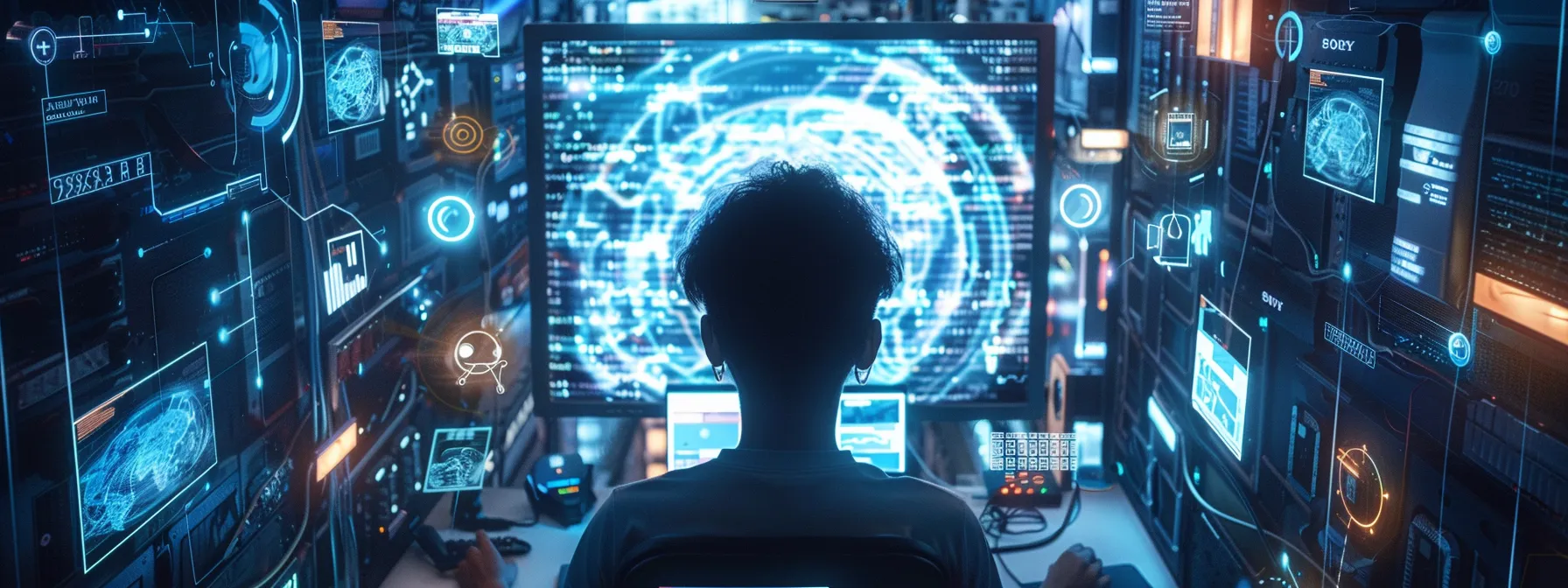 a person browsing through hp support forums on a laptop, surrounded by various technology devices.