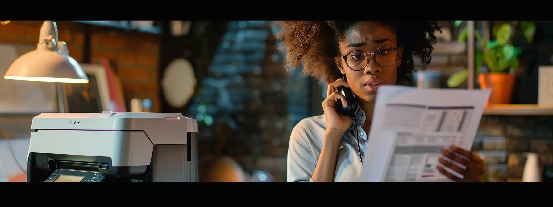 a person on the phone with hp printer support, holding a document and looking at their printer with a concerned expression.
