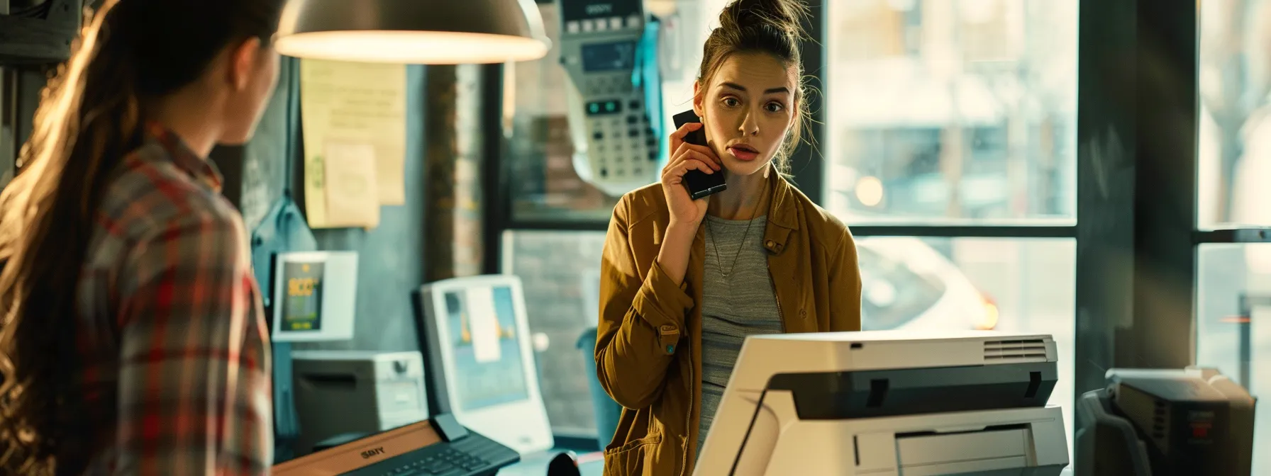 a person speaking on the phone with a customer service representative standing next to a printer.