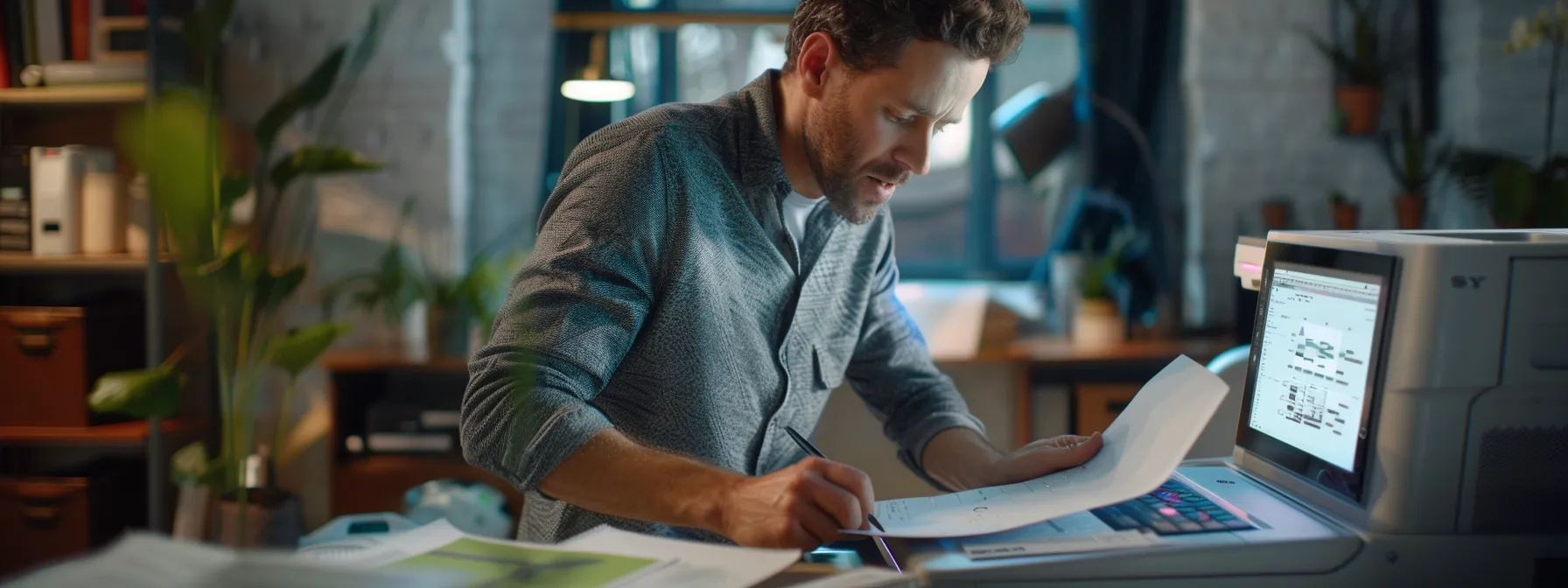 a man carefully checking and updating software on his hp printer to ensure continued support and optimal performance.