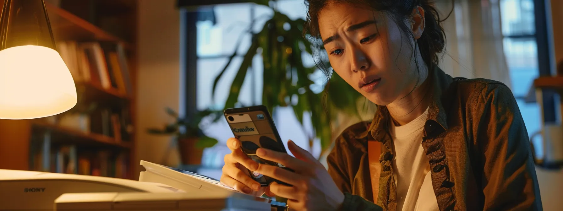 a person looking at a printer with a puzzled expression, holding a phone while trying to troubleshoot a wi-fi connection issue.
