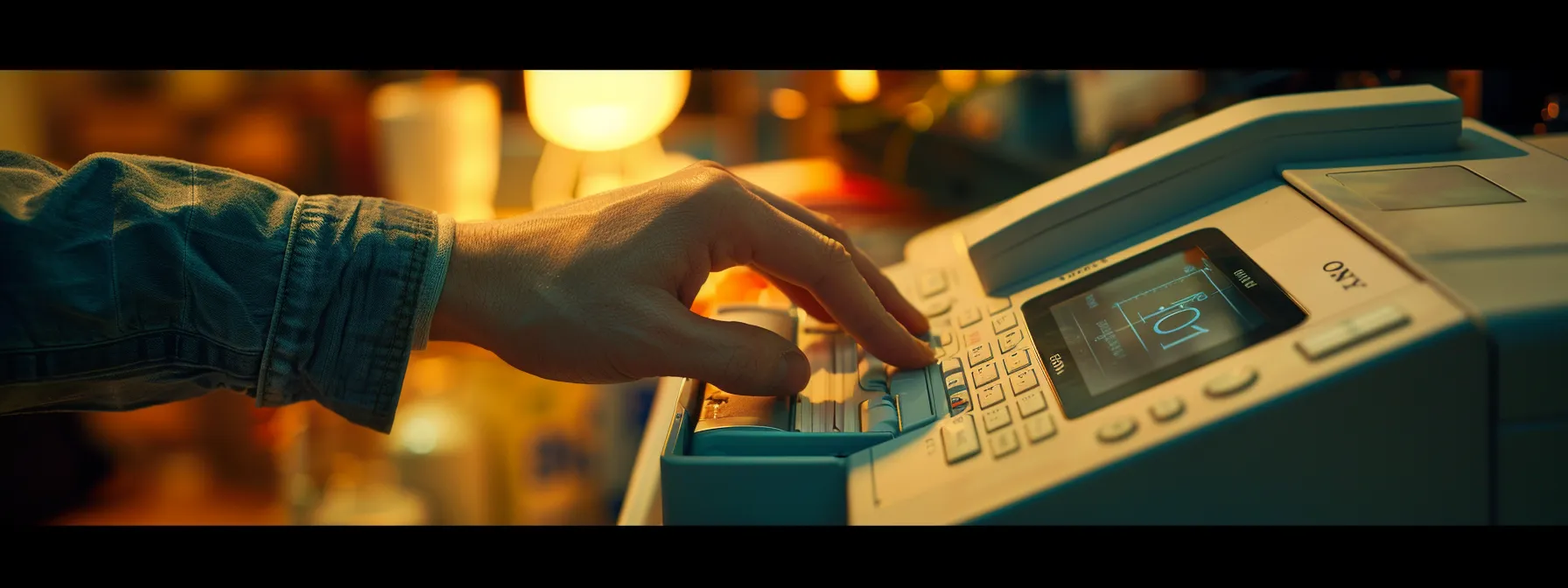 a person pressing a button on a printer to clear a jammed print queue.