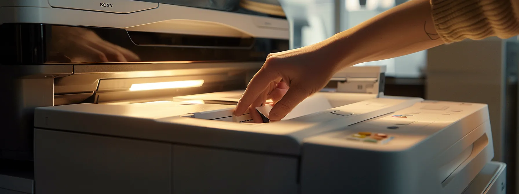 a person carefully removing a paper jam from an epson printer.