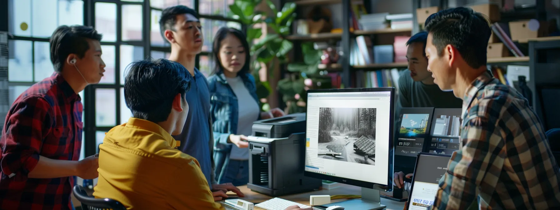 people gathered around a computer screen, discussing hp printer troubleshooting solutions on an online forum.
