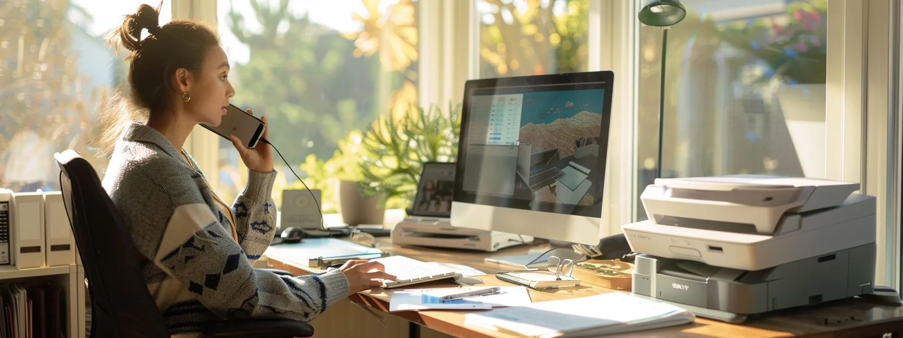 a person sitting at a desk with a printer, a computer, and organized notes, while talking with a support professional on the phone.