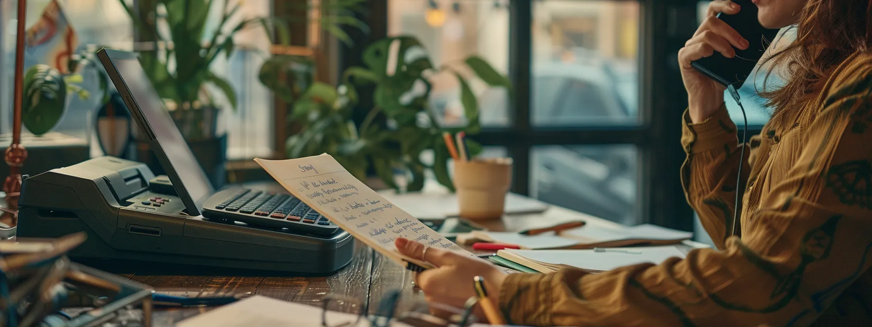 a person speaking on the phone and taking notes beside a brother printer.