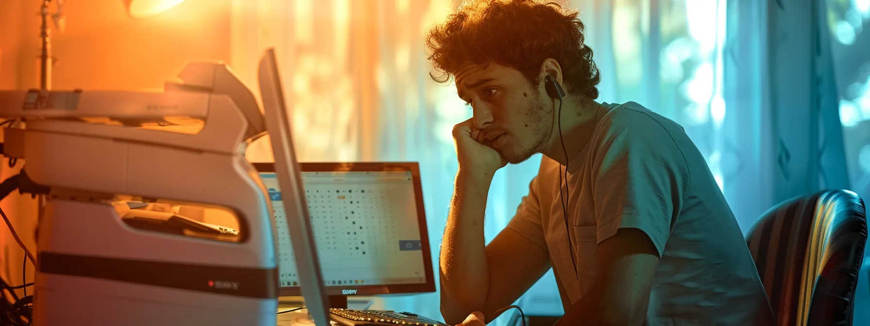a person frantically dialing a support line while looking at a malfunctioning printer.
