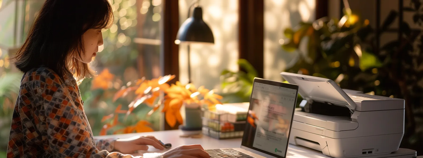 a person browsing a website on a laptop with a brother printer model in front of them.