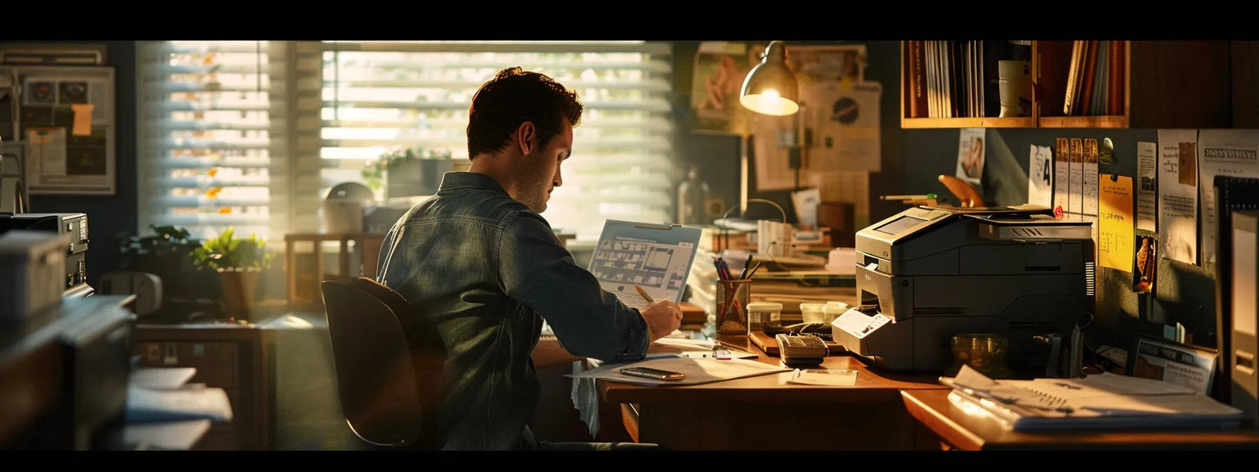 a person sitting at a desk with a brother printer, surrounded by paperwork and notes of troubleshooting steps, ready to make a support call.