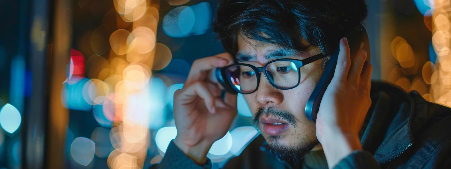 a frustrated person listening to options on a phone keypad.