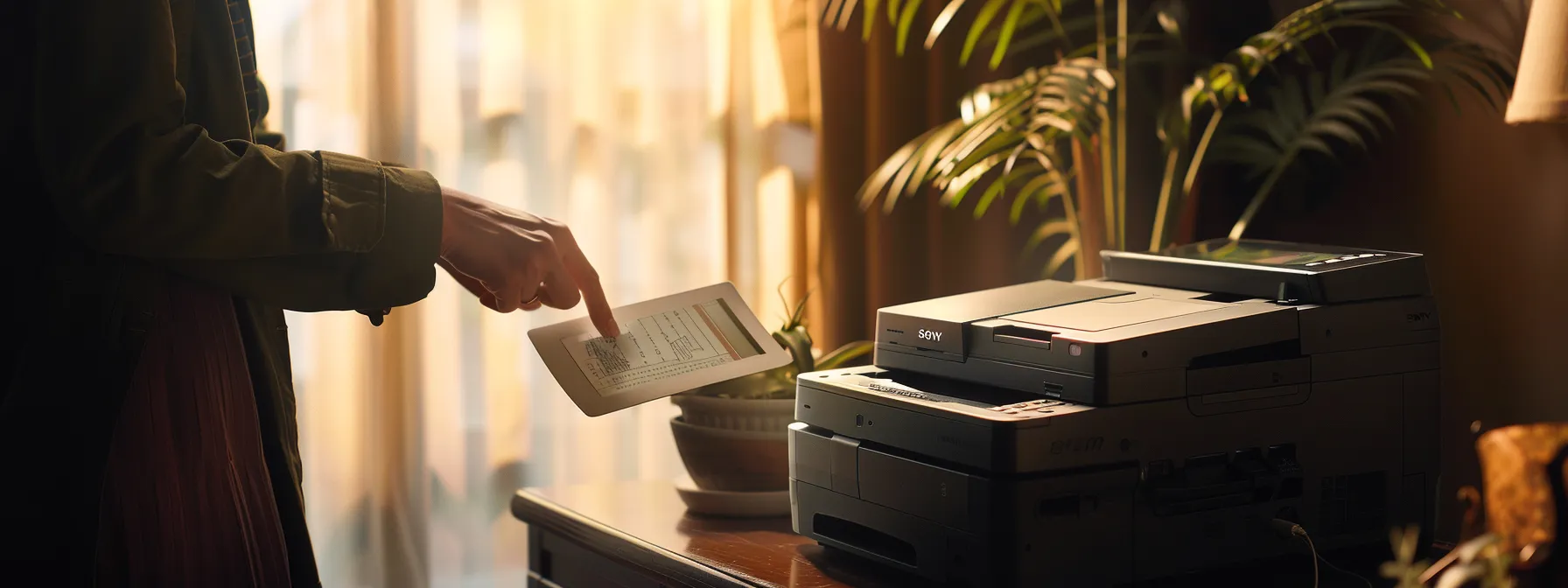 a person holding a brother printer model and serial number while speaking on the phone.