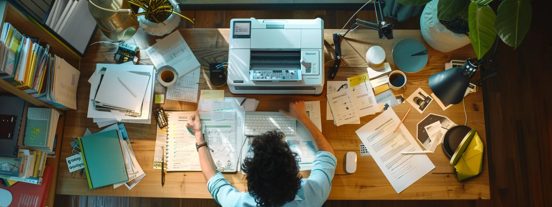 a person working at a desk with a brother printer, surrounded by technical support guides and tools.