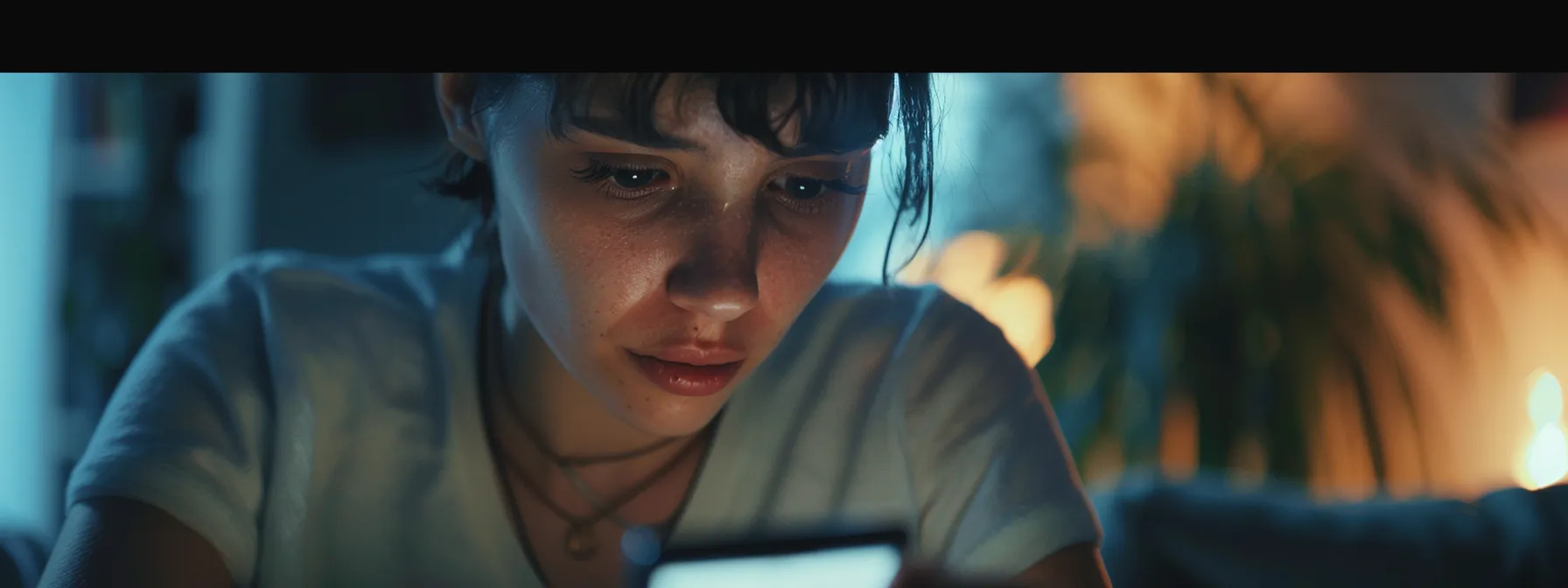 a person dialing a phone number on a smartphone with a worried expression on their face.