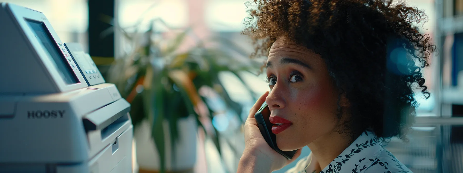 a person talking on the phone with a customer service representative, looking at their hp printer model number.