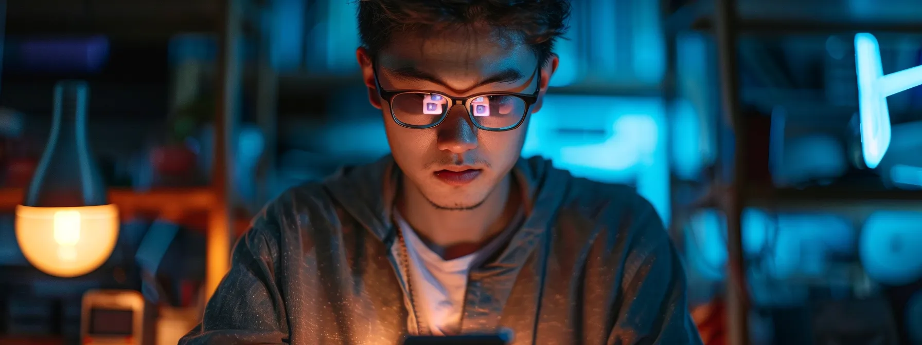 a person looking at their phone with a concerned expression while standing in front of a computer screen showing an error message.