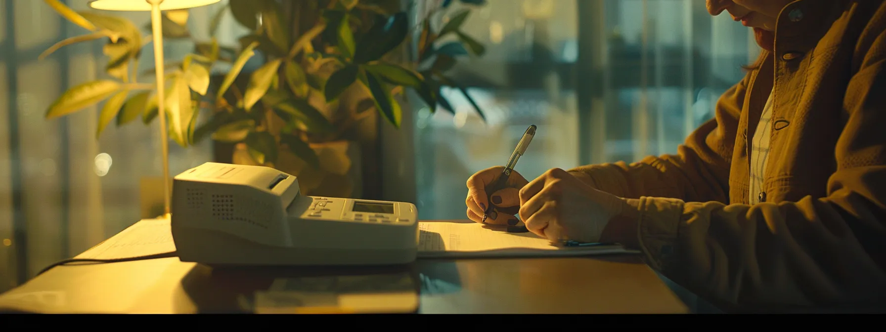 a person writing down their hp printer's model and serial number on a notepad.