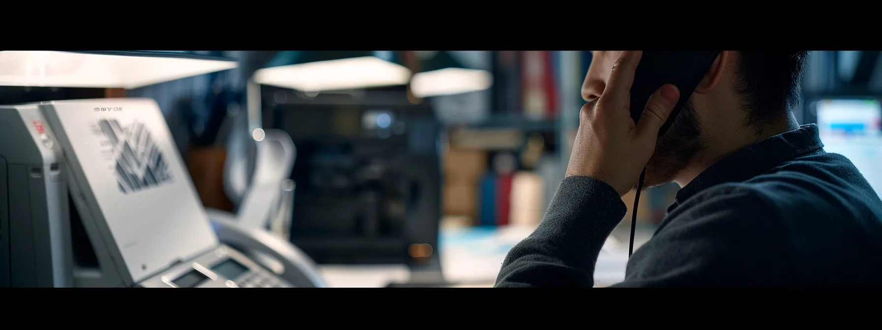 a person on the phone, providing detailed information about their printing issue to a support technician.