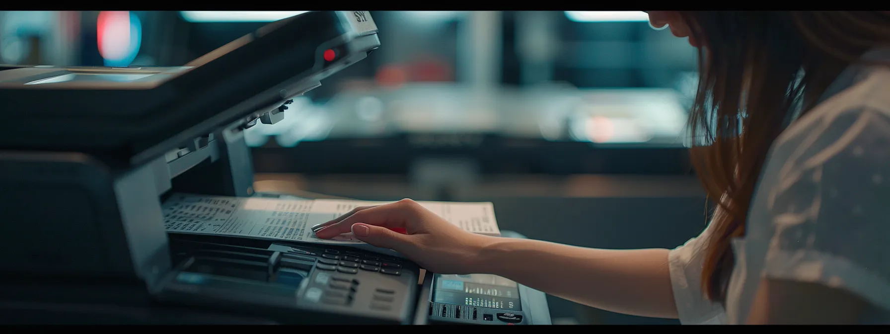 a person checking the model and serial numbers on the bottom of a printer.