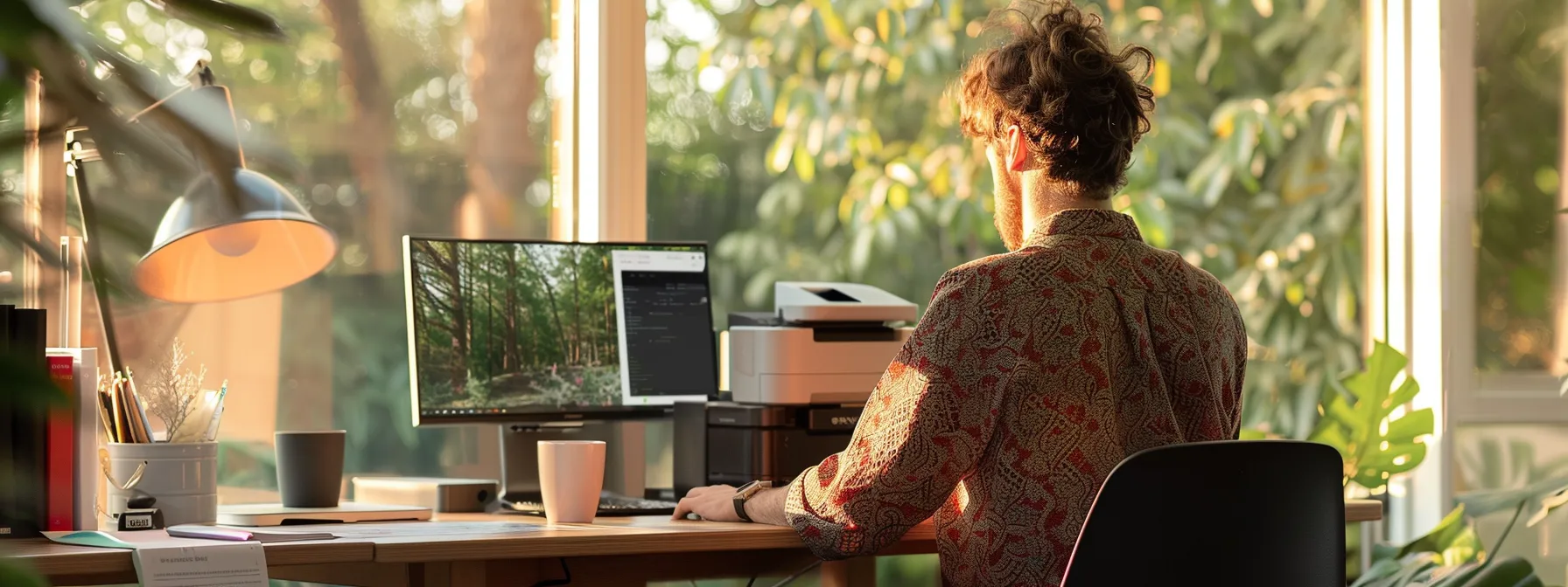 a person sitting at a desk, chatting with an epson technician via live chat for printer support.