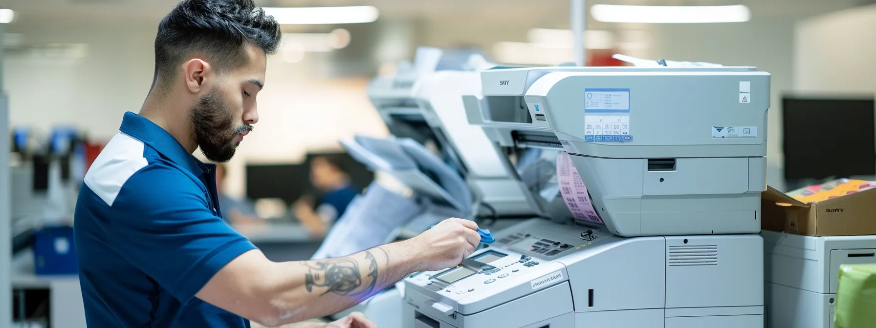 a technician repairing an epson printer at an authorized service center.