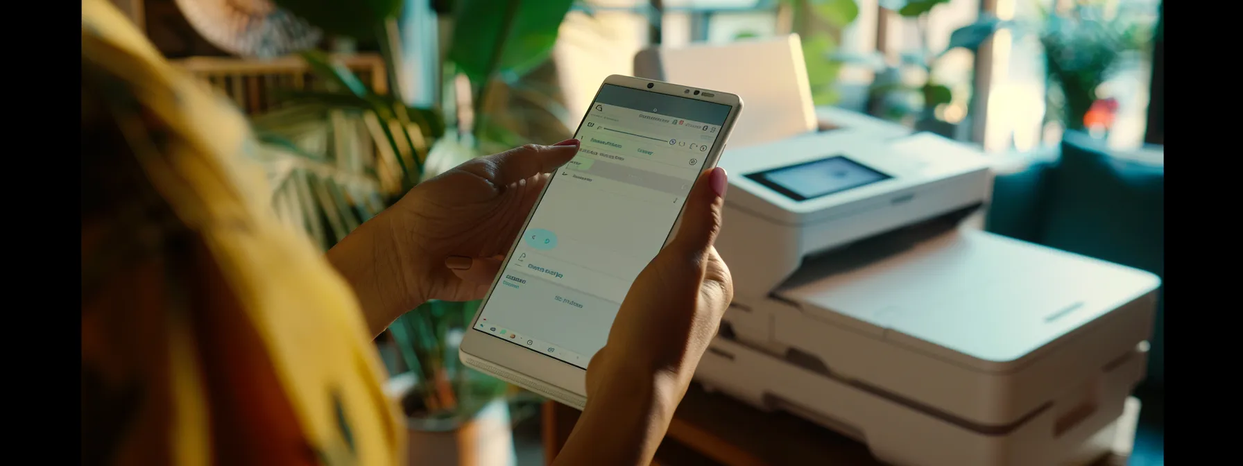 a person holding a phone with a printer in the background, preparing to call epson support for assistance.