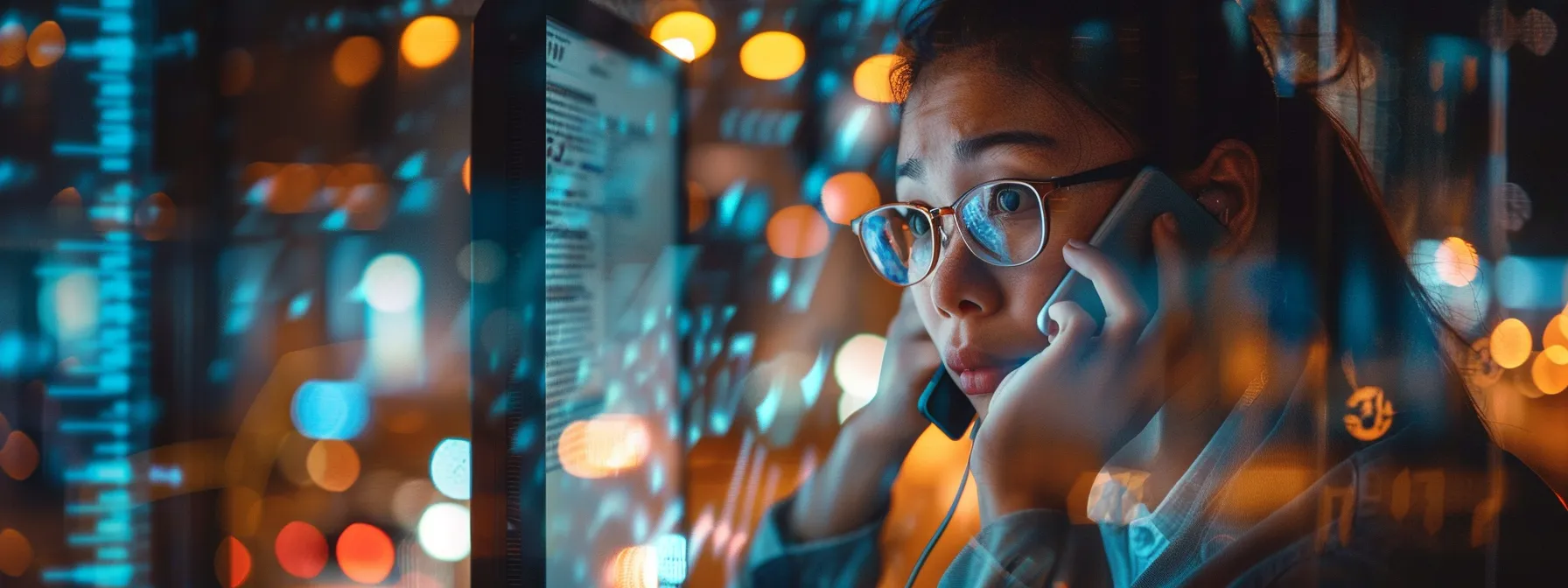 a person talking on the phone while looking at a computer screen.