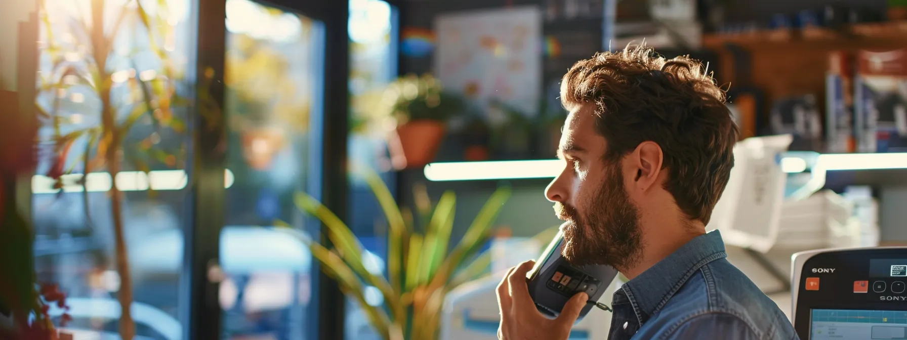 a person talking on the phone with a local retailer or authorized hp dealer for printer support.