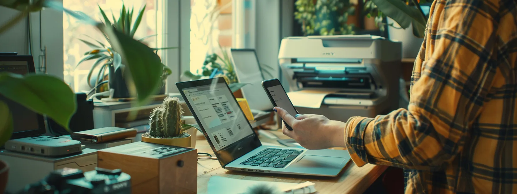 a person multitasking at their desk, with a phone in one hand and a laptop open to schedule a support call with hp printer support.