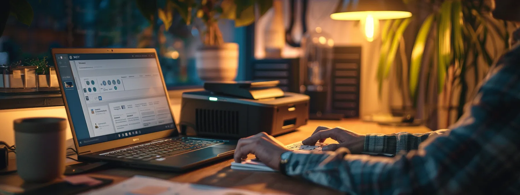 person using the hp support website on a laptop to troubleshoot printer issues.