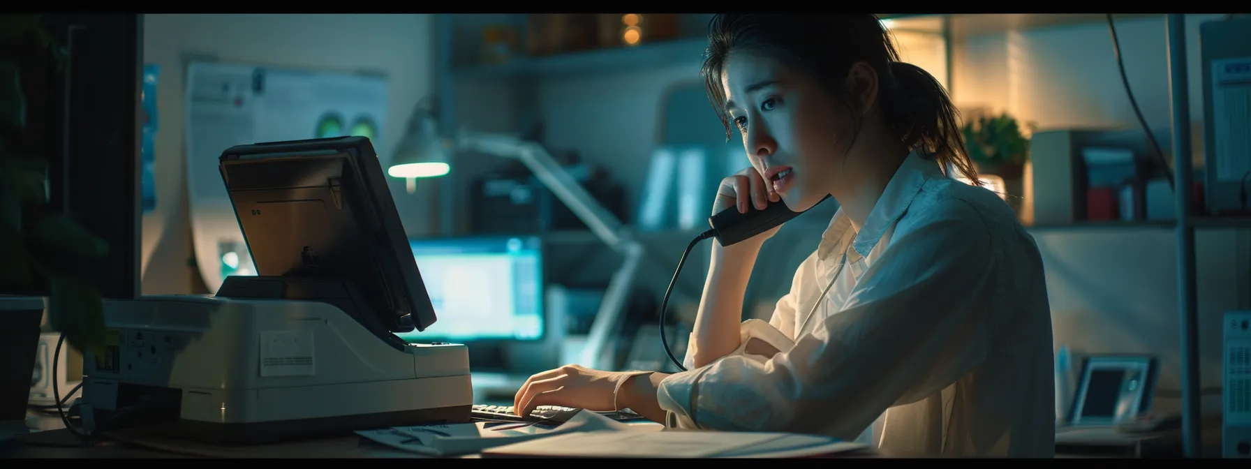 a person speaking on the phone with technical support, explaining printer issues.