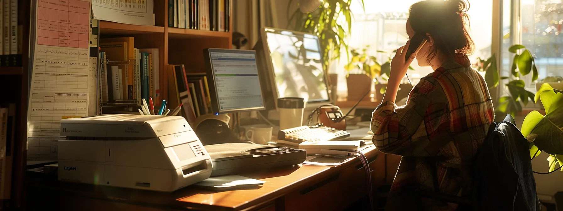 a person talking on the phone while sitting in front of an epson printer with an open troubleshooting guide.