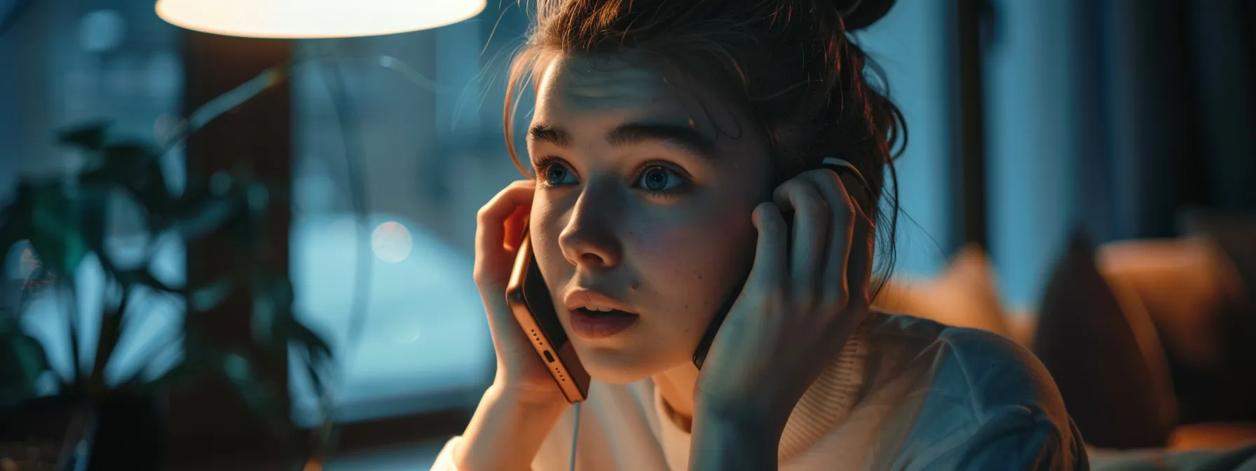 a person speaking on the phone with a supportive expression.