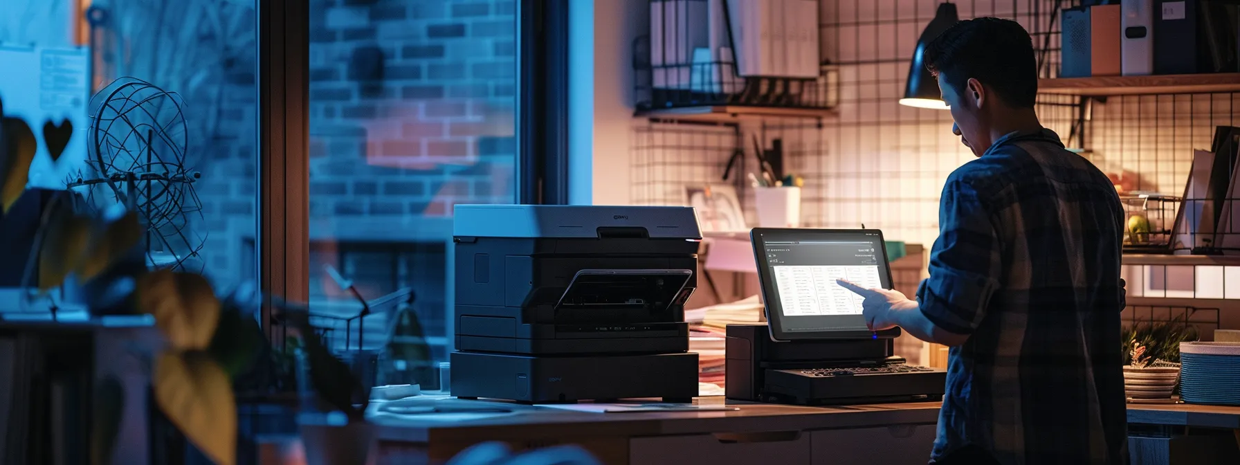a person looking at an epson printer while preparing to contact technical support for assistance.