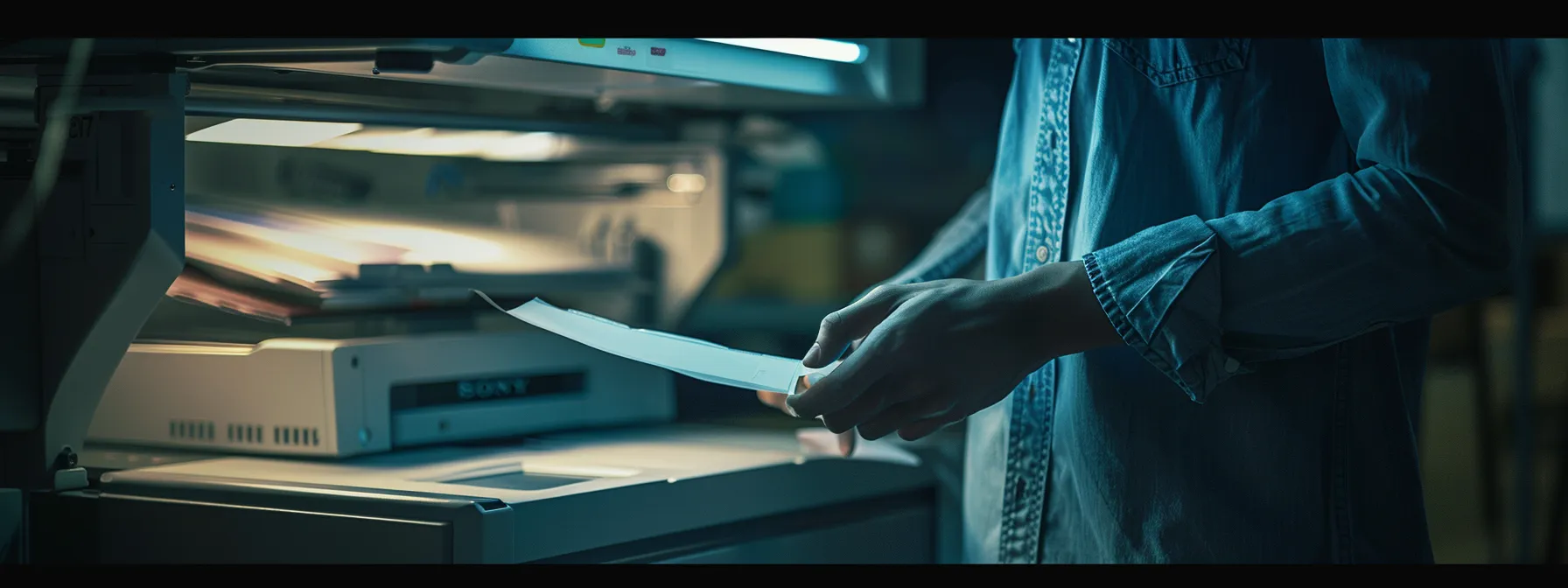a person inspecting the inside of a printer for obstructions.