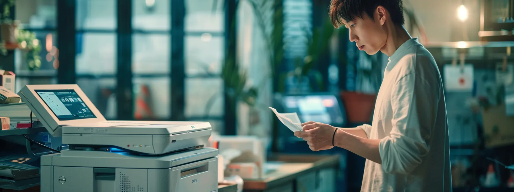 a person gathering important information next to a hp printer.