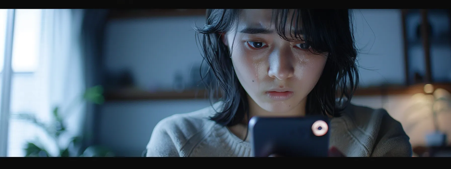 someone holding a smartphone with a frustrated expression while looking at the screen.