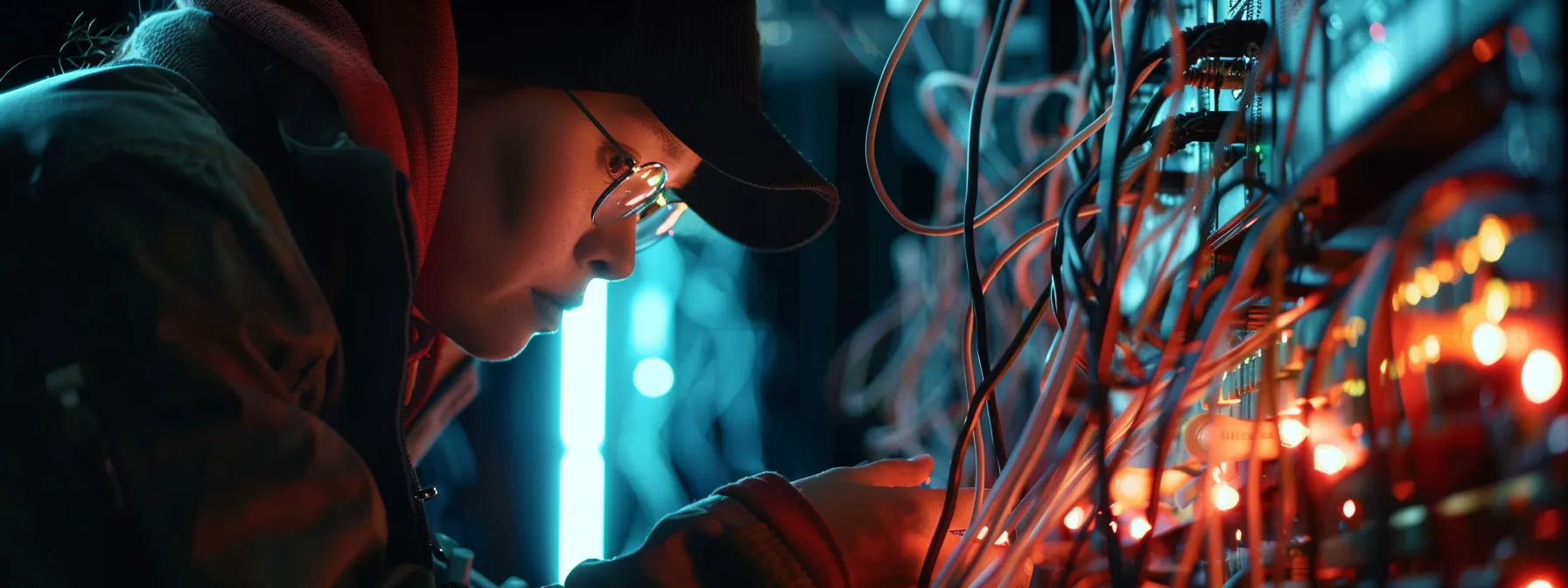 a person checking cables and connections for any issues.
