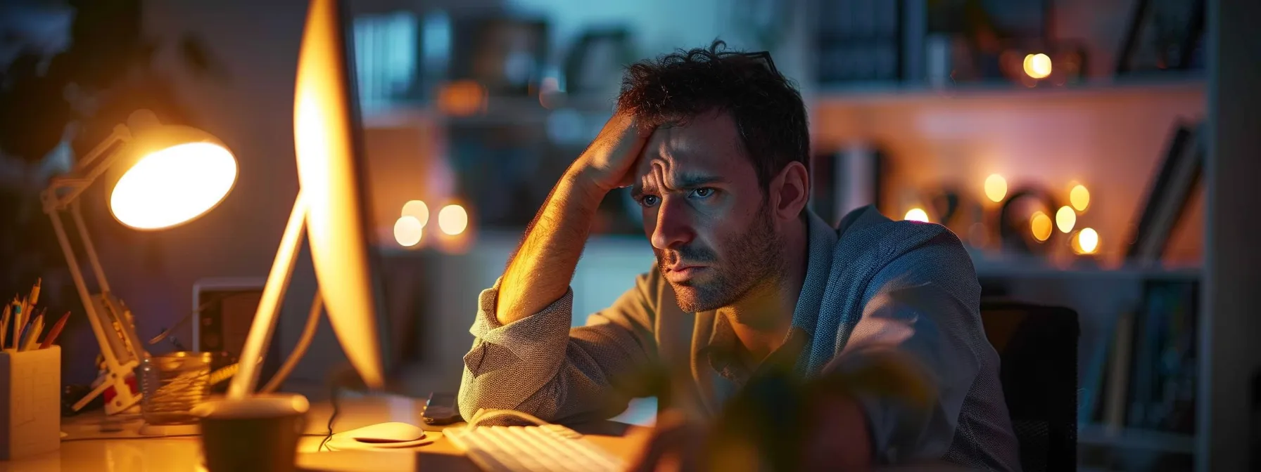 a person sitting at a computer, looking frustrated as they encounter installation errors while setting up microsoft office 365.