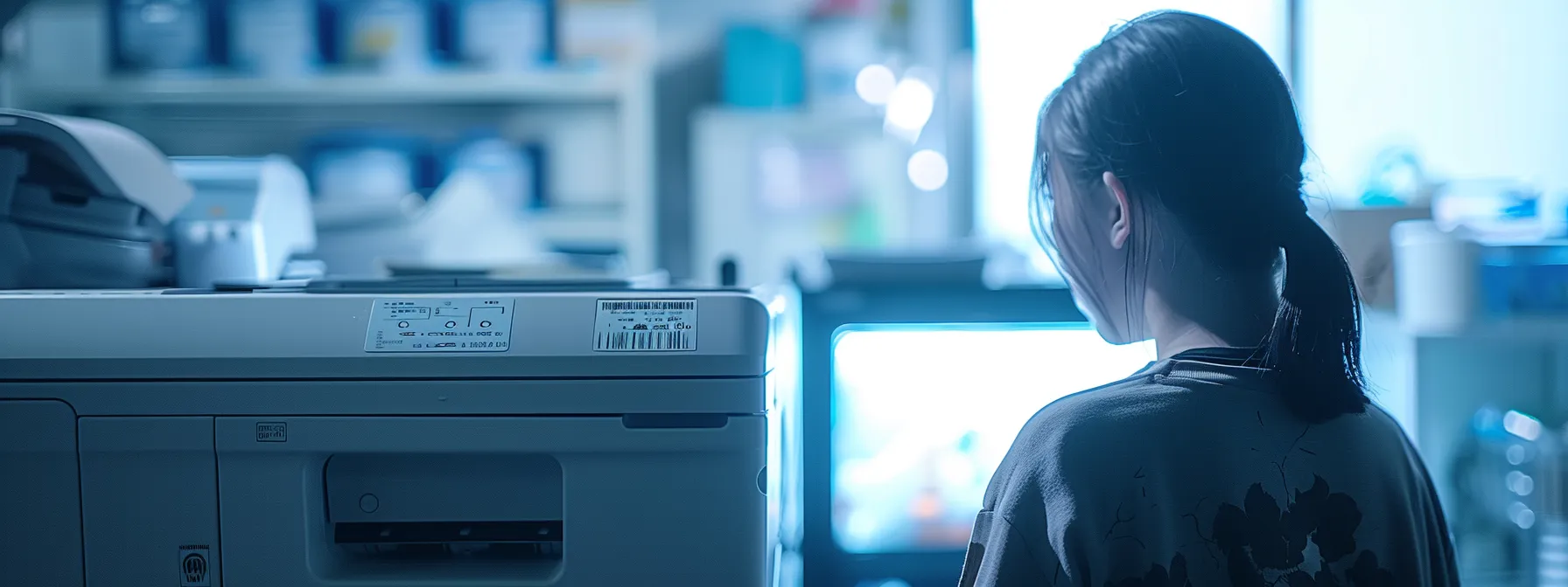 a person looking at the back of a printer with a serial number sticker.
