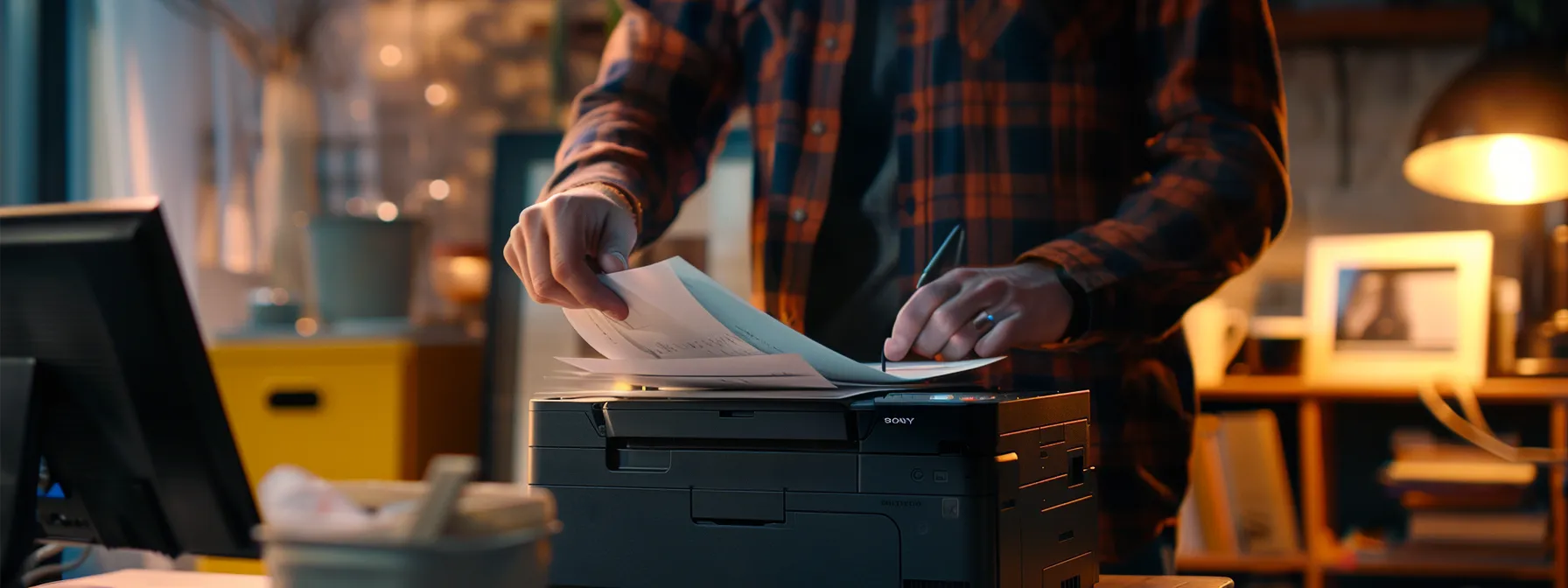 a person holding a brother printer model while talking on the phone with technical support.
