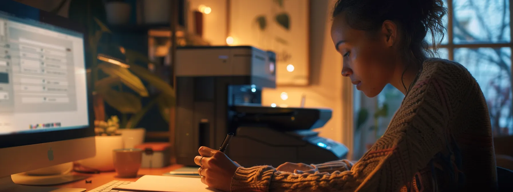 a person writing notes on a piece of paper while looking at a computer screen with a brother printer in the background.
