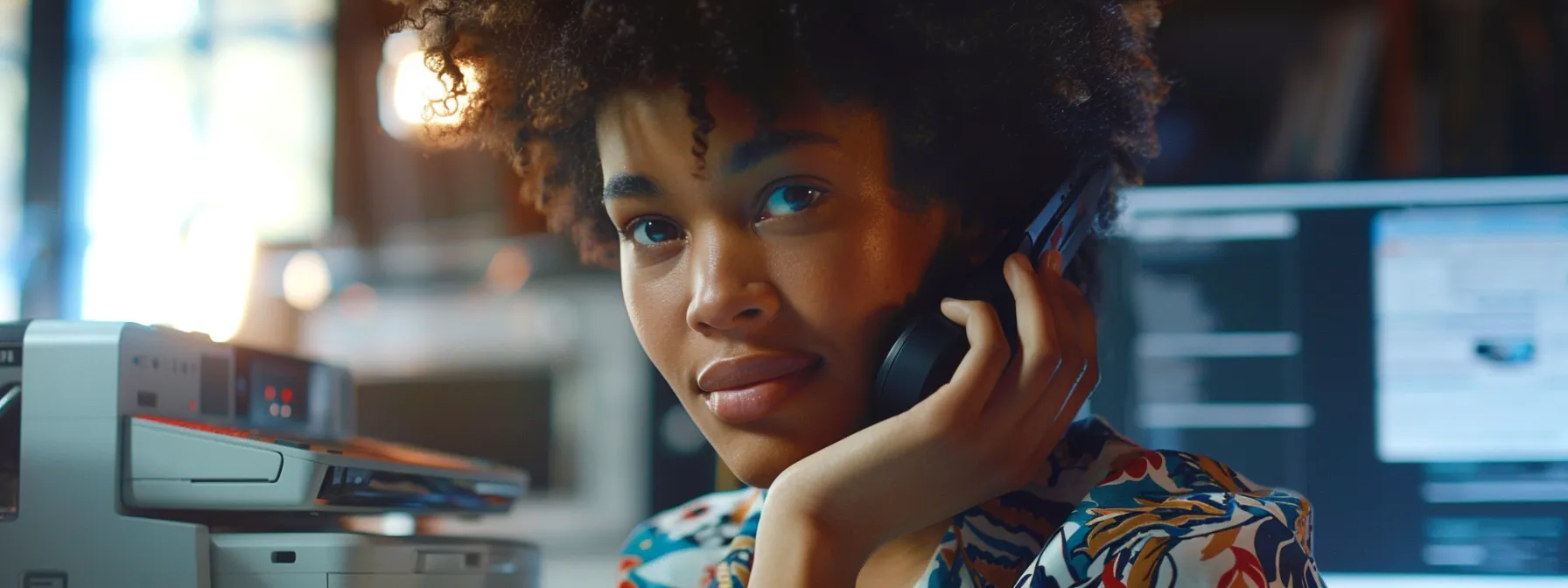 a person on the phone receiving expert support for their printer troubleshooting.