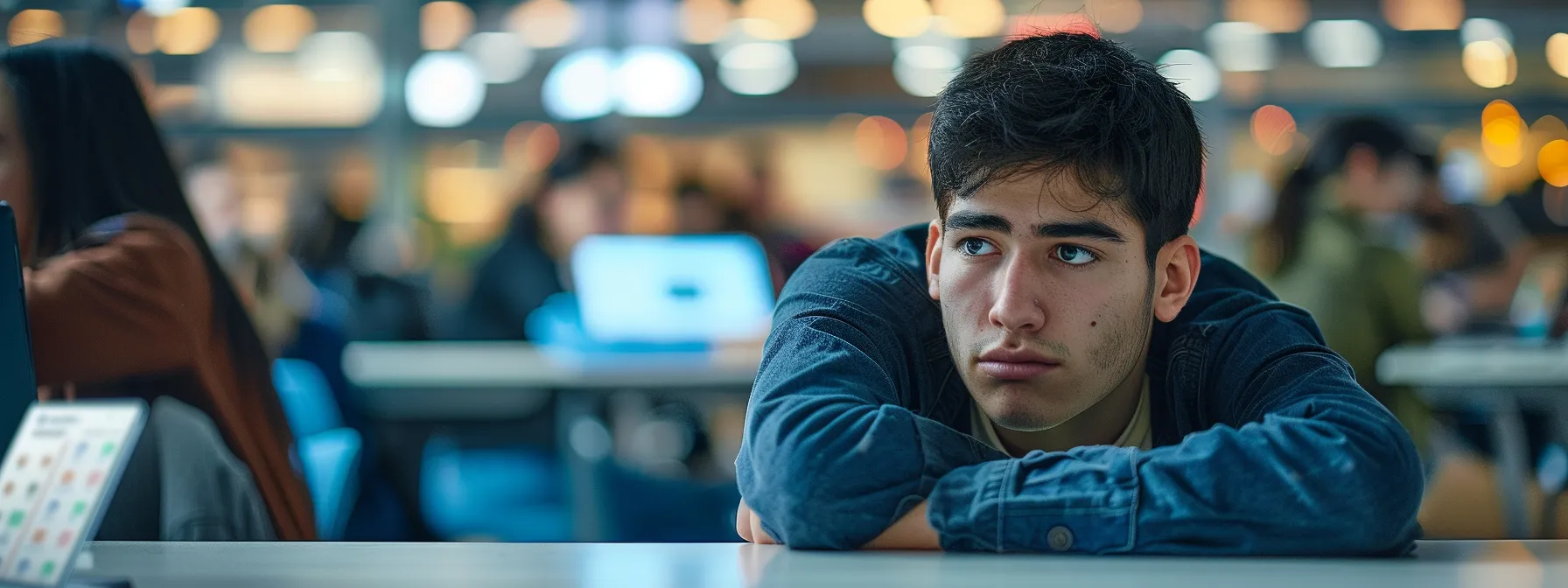 a person sitting at a computer, looking frustrated while trying to send an email on msn with a busy campus network in the background.